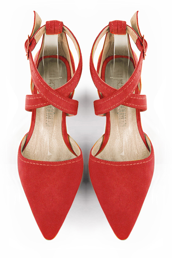 Scarlet red women's open side shoes, with crossed straps. Tapered toe. Low flare heels. Top view - Florence KOOIJMAN